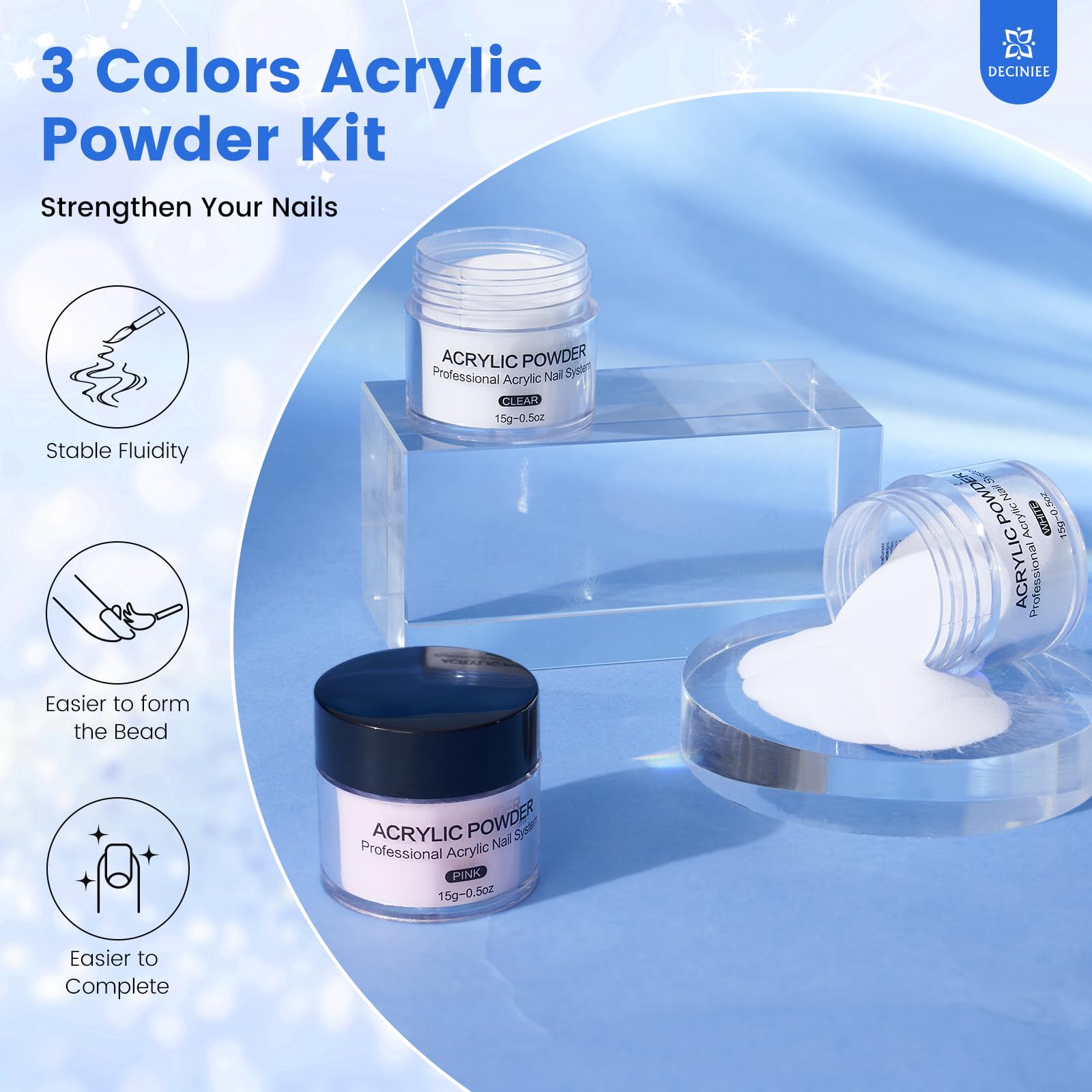 Deciniee acrylic liquid ensures smooth bead formation during application