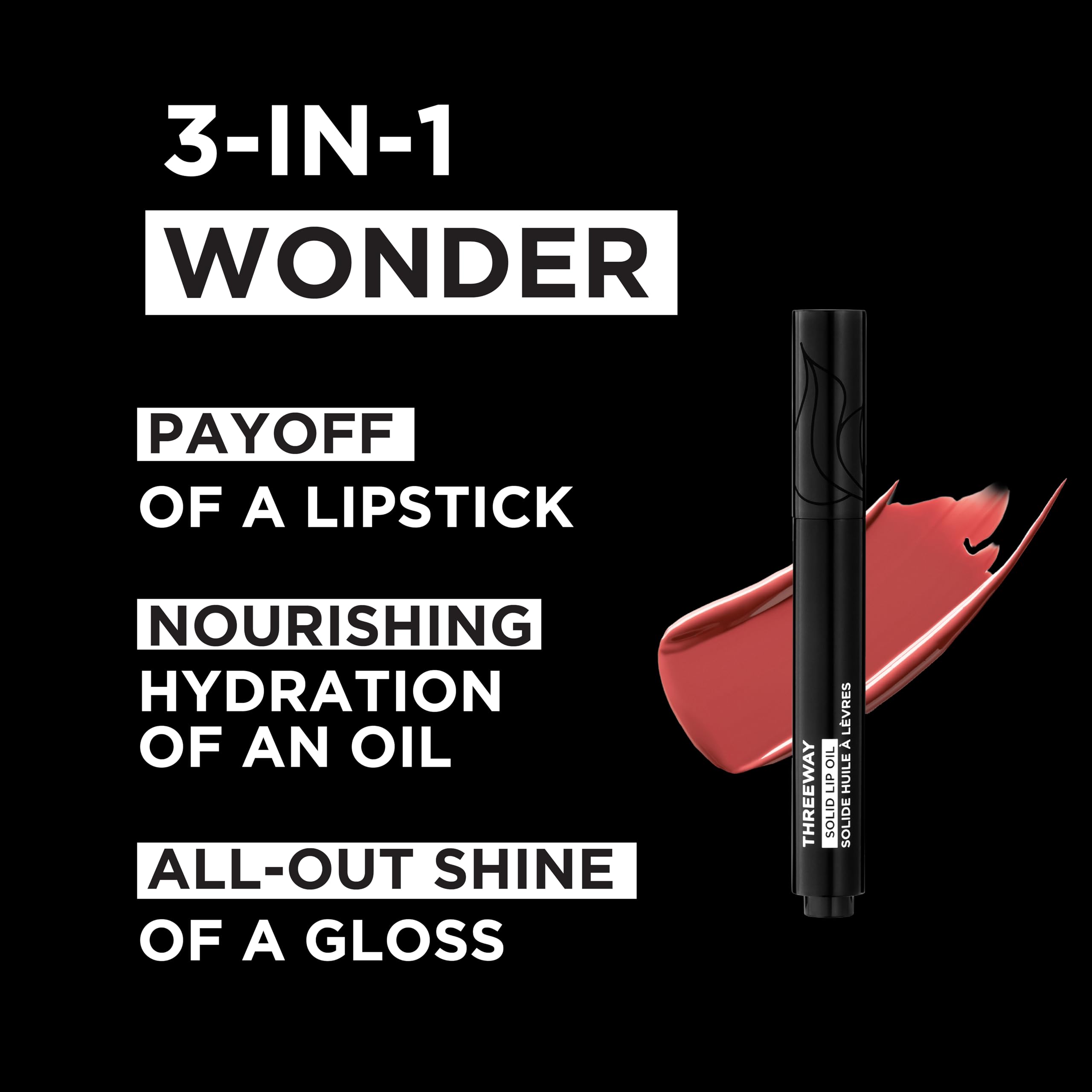 Deck of Scarlet Threeway Solid Lip Oil wand demonstrates smooth application and medium color payoff.
