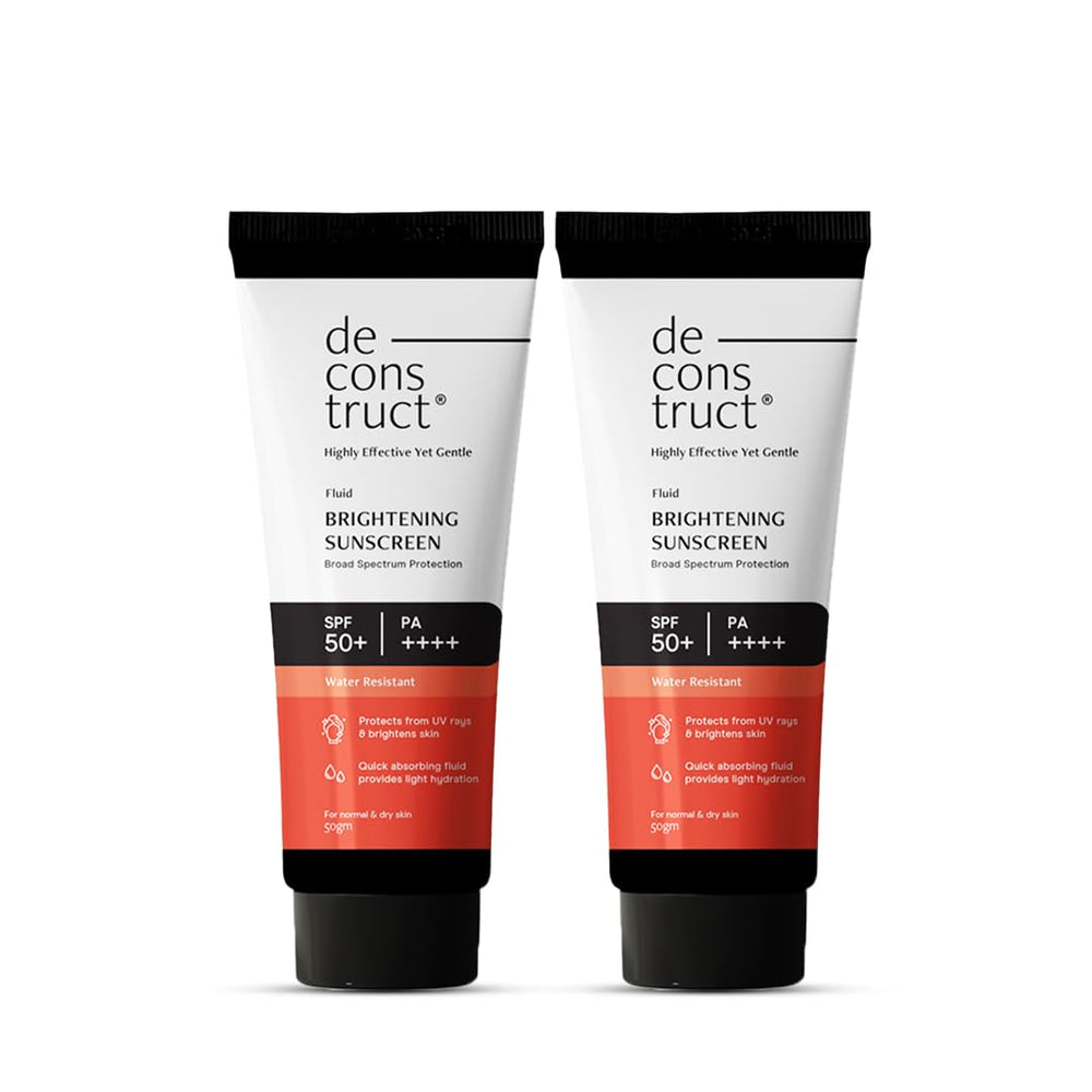 Deconstruct Dry Brightening Fluid Sunscreen bottle shows lightweight hydration and UV protection.