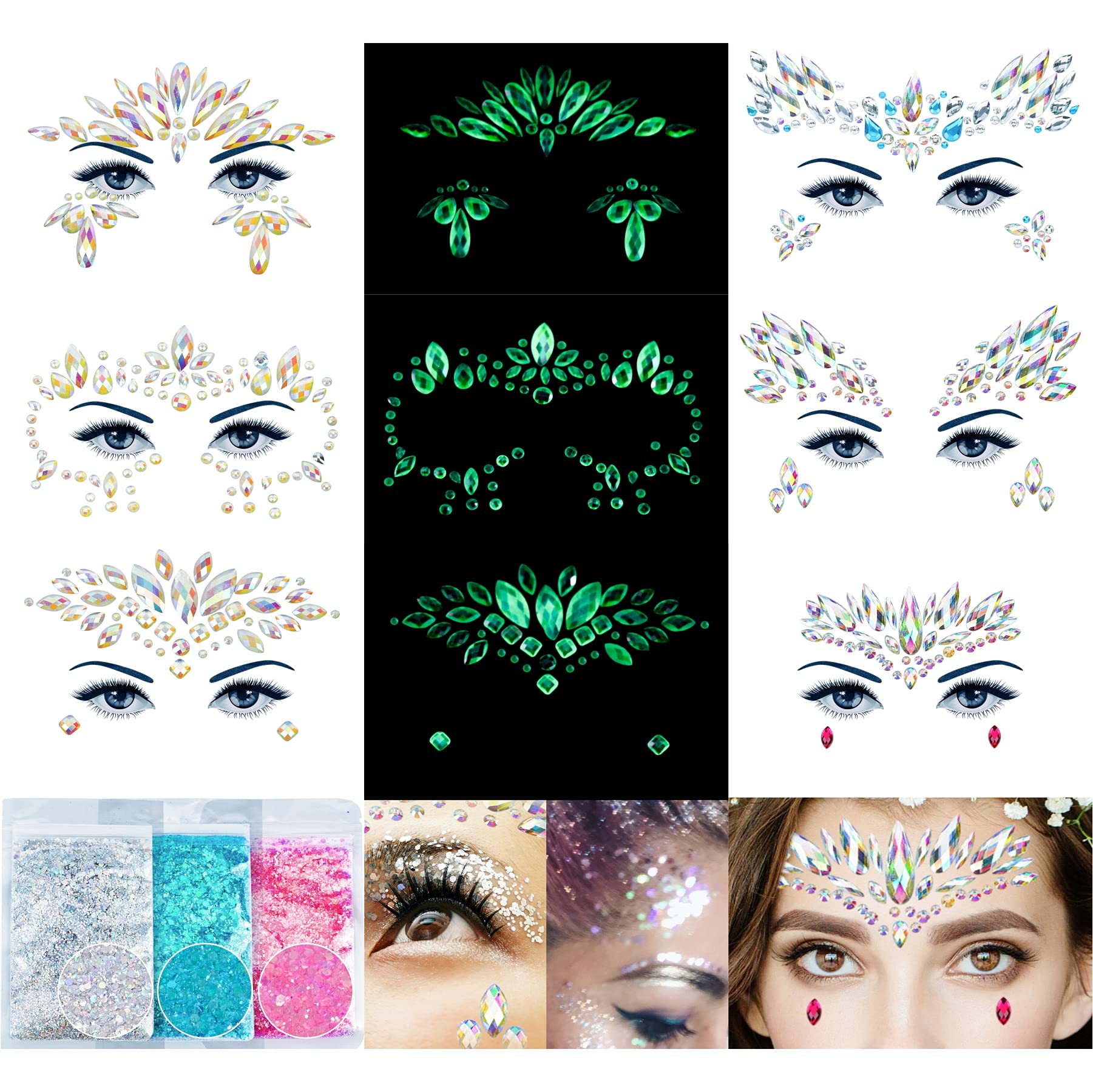 DECOYARDOO face gems glow-in-the-dark sheets for festival looks