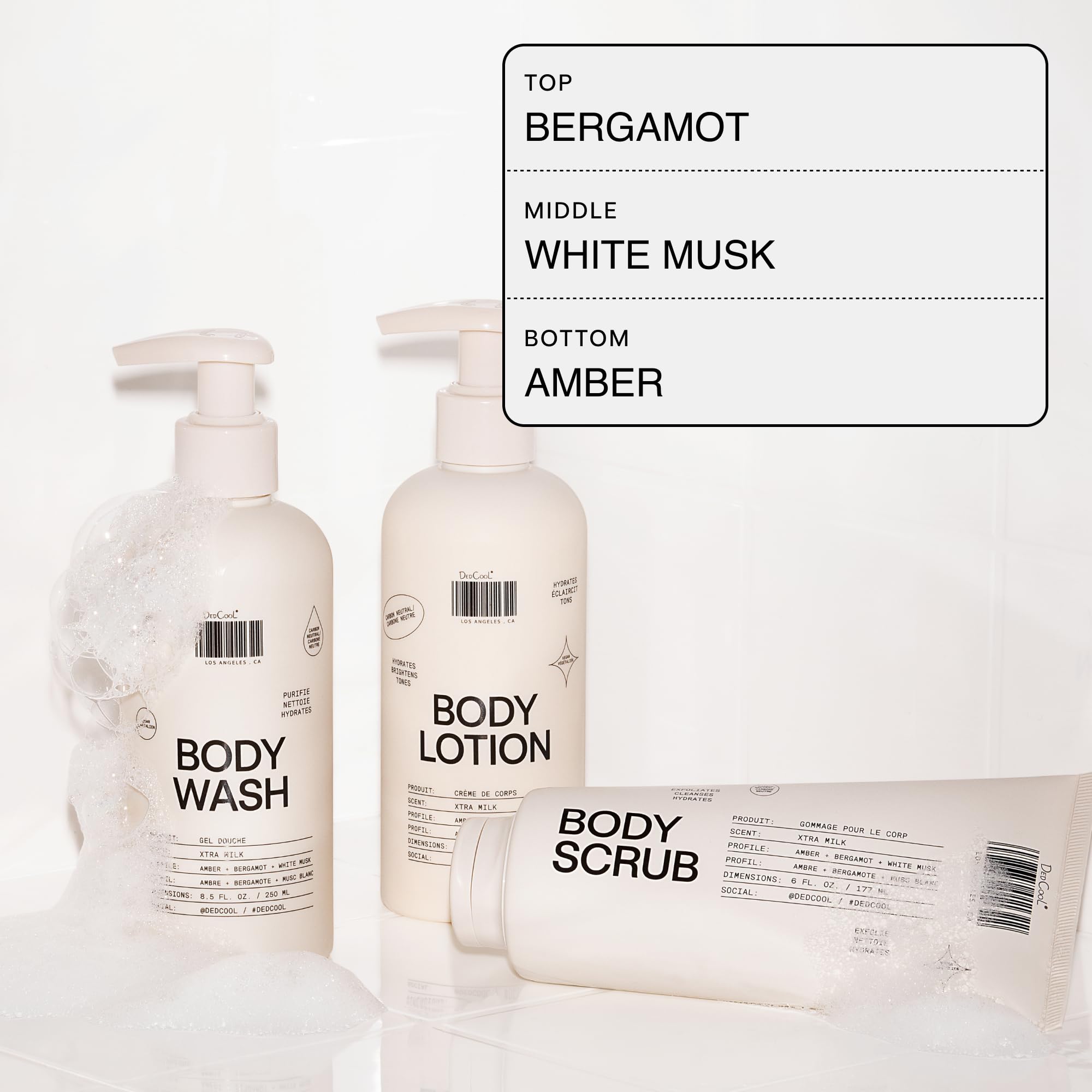 Fragrance notes of bergamot and amber create a warm, lasting scent