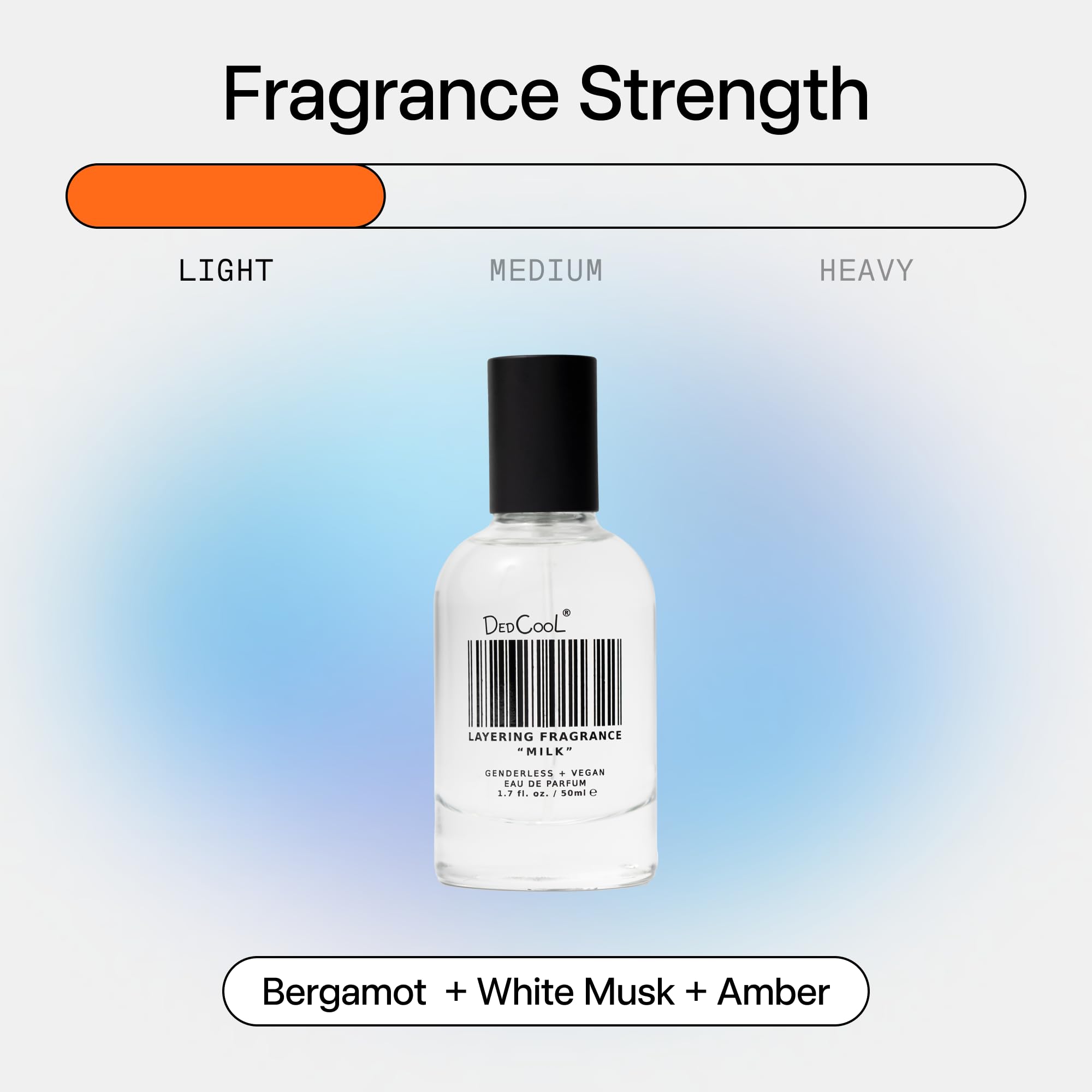 Clear glass bottle of DedCool Milk emphasizes clean, modern aesthetics.