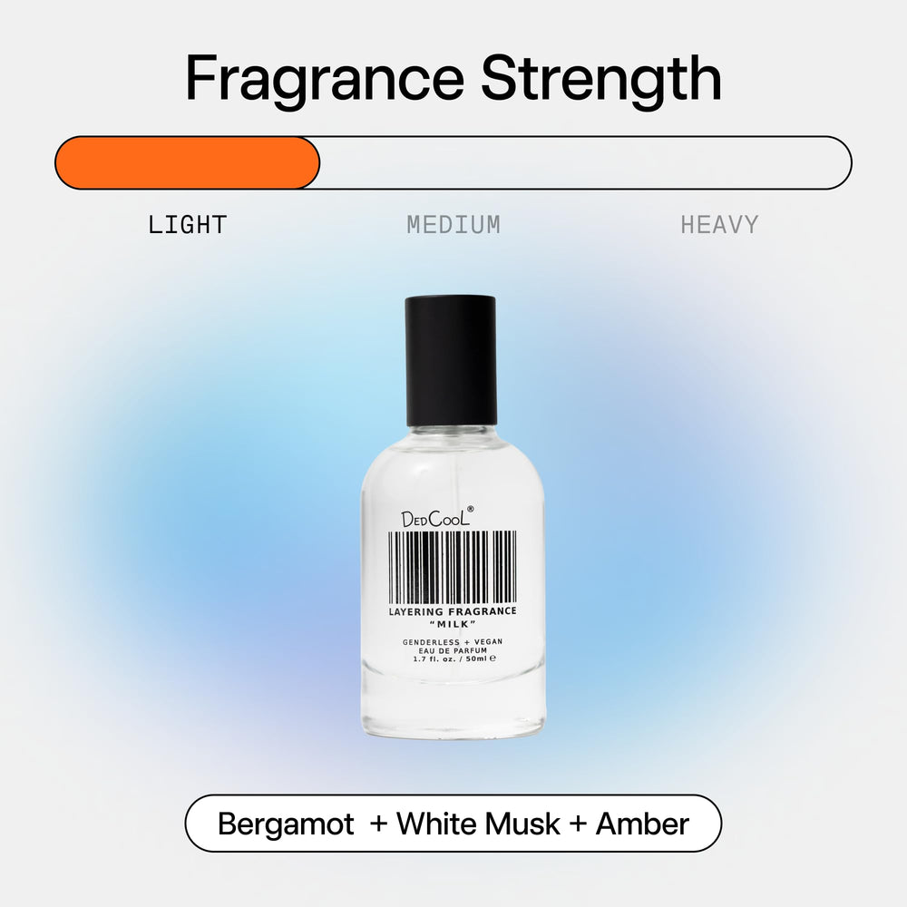 Clear glass bottle of DedCool Milk emphasizes clean, modern aesthetics.