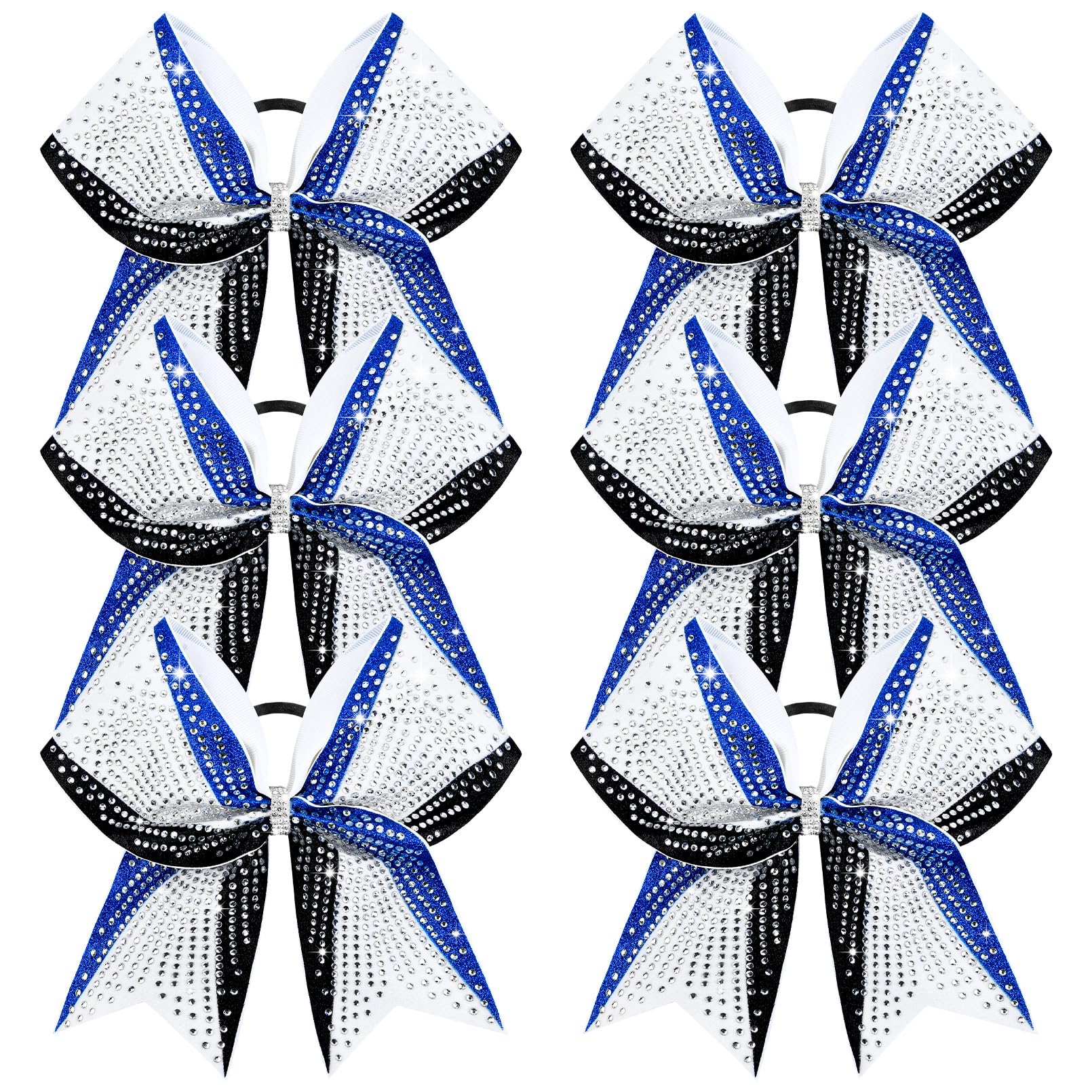 DEEKA six-pack 8-inch glitter bows in royal blue, black and white with eye-catching shine