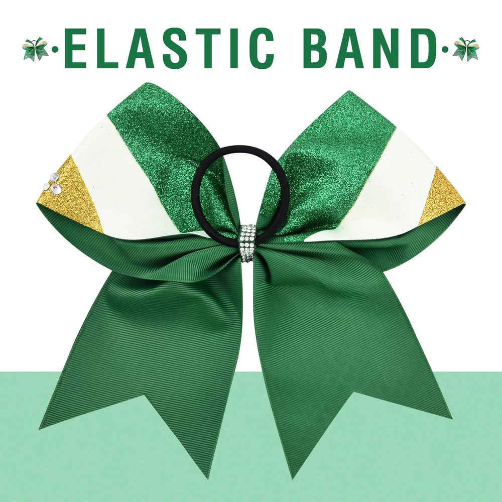 DEEKA glitter cheer bows set in green gold white show iridescent sparkle.