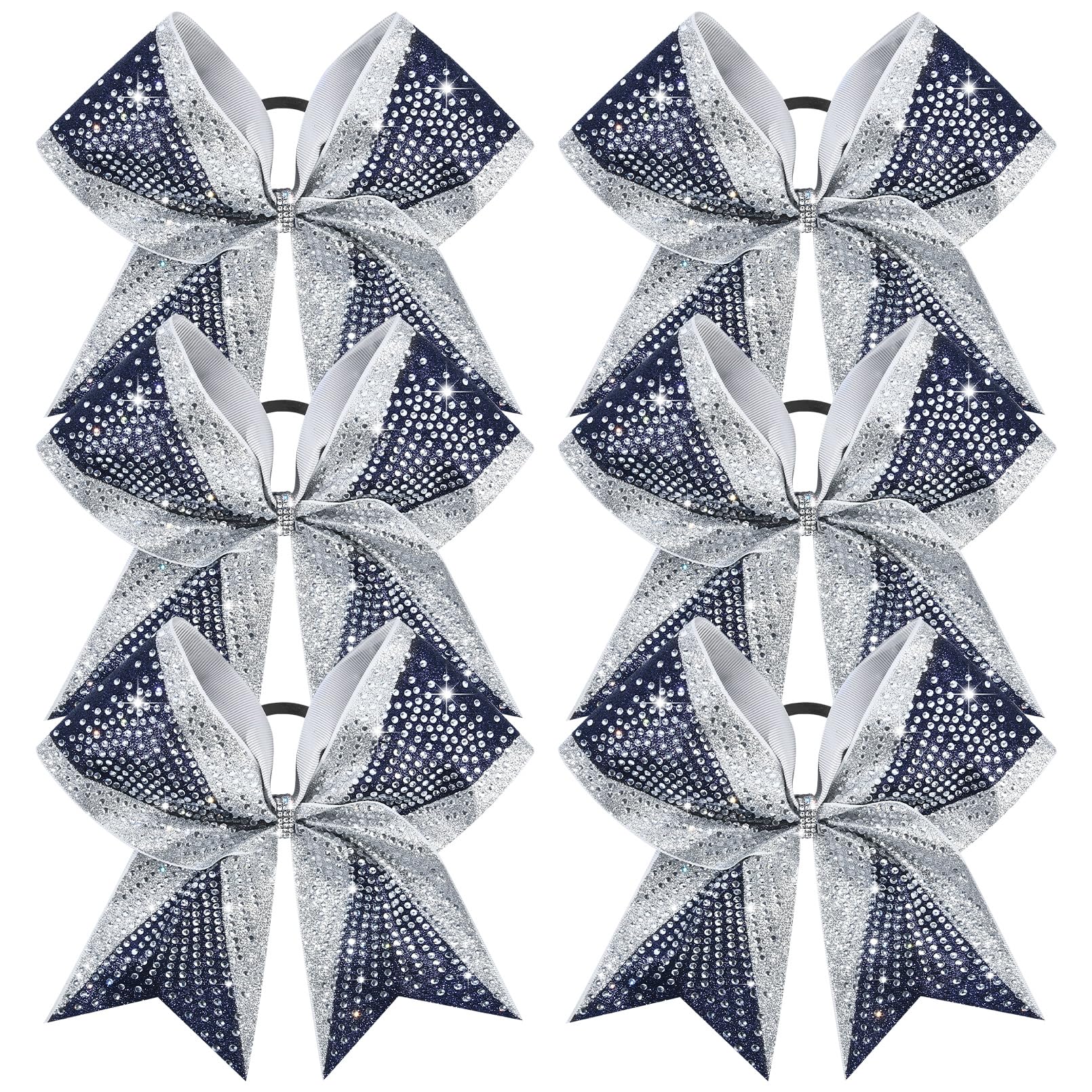 DEEKA cheer bow navy and silver glitter 8in front, ideal for standout routines.