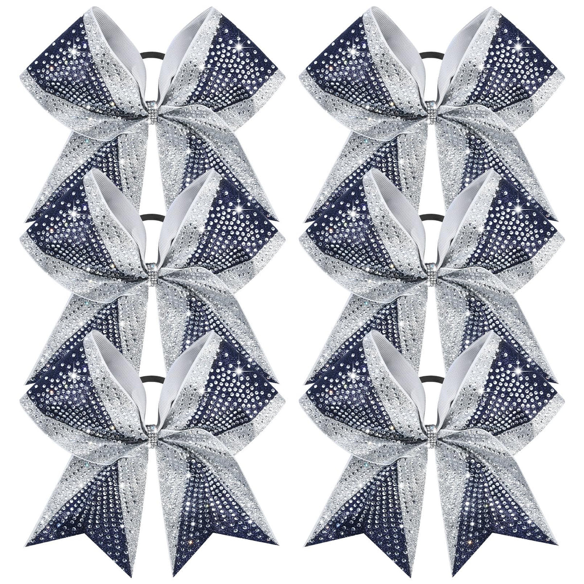 DEEKA cheer bow navy and silver glitter 8in front, ideal for standout routines.