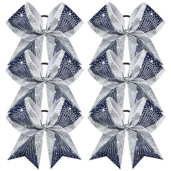 DEEKA cheer bow navy and silver glitter 8in front, ideal for standout routines.
