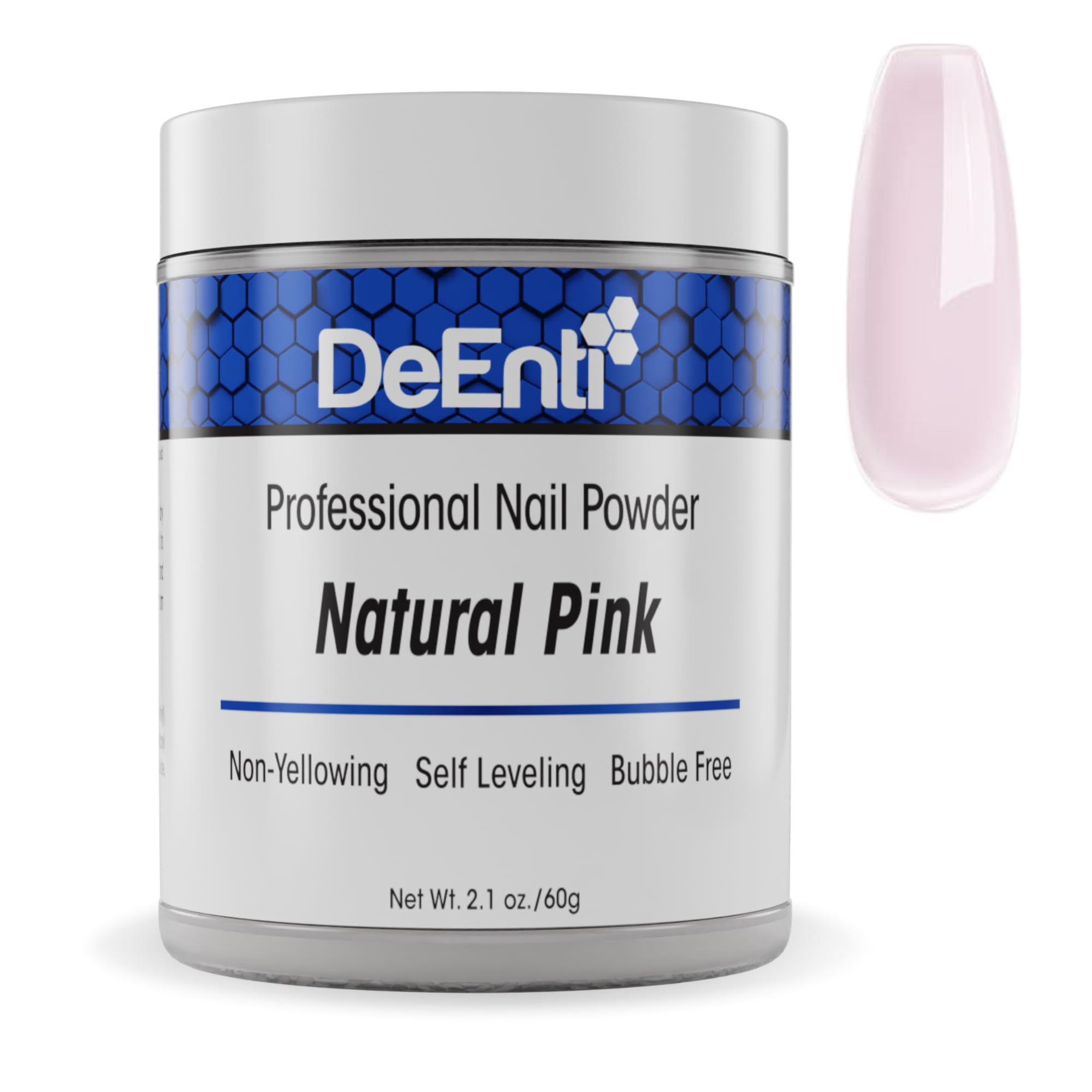 DeEnti Acrylic Nail Powder 2oz Natural Pink closeup shows bubble-free overlays