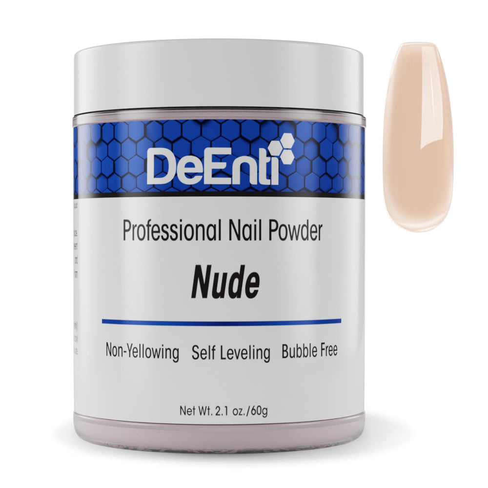 DeEnti acrylic nail powder 2oz nude jar close-up shows smooth texture for salon-quality nails