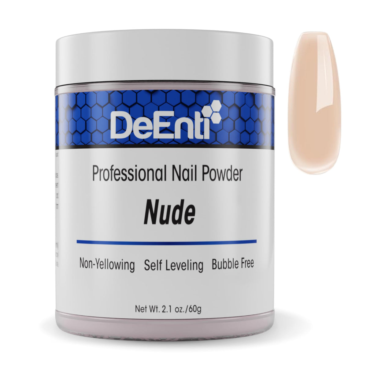 DeEnti acrylic nail powder 2oz nude jar close-up shows smooth texture for salon-quality nails