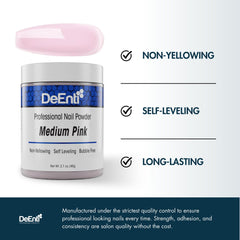 DeEnti acrylic nail powder 2oz closeup texture highlights self-leveling consistency.