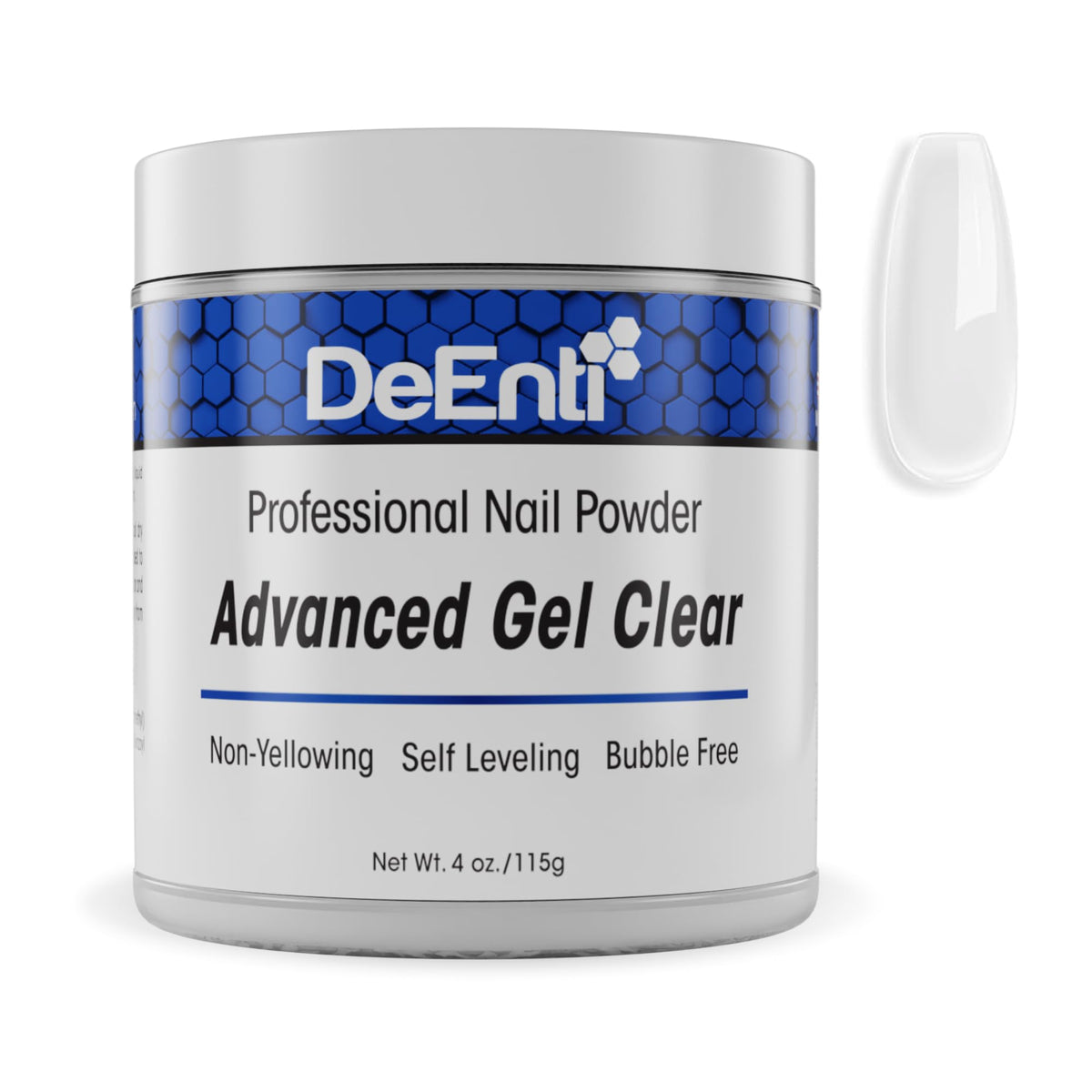 DeEnti acrylic nail powder with bubble-free clear finish for pristine overlays.