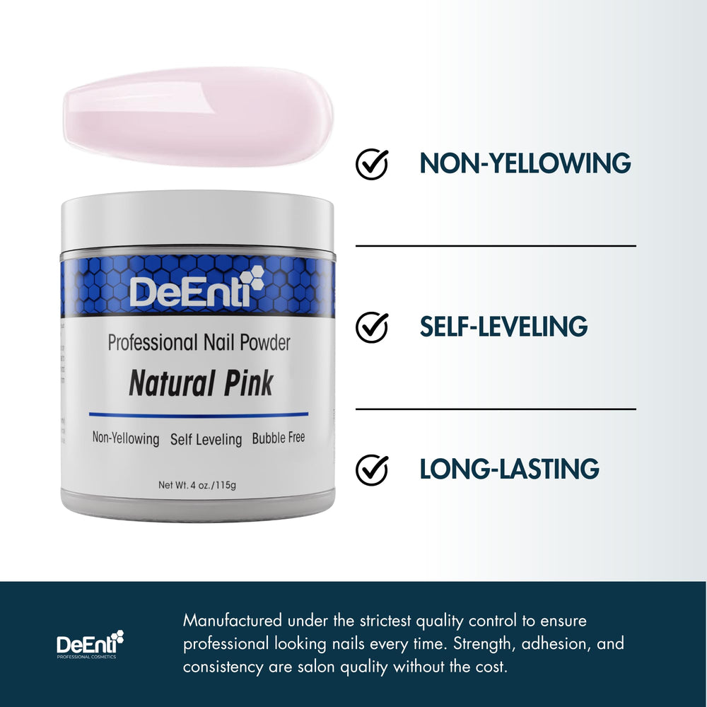 DeEnti acrylic nail powder natural pink jar label, salon-grade quality.