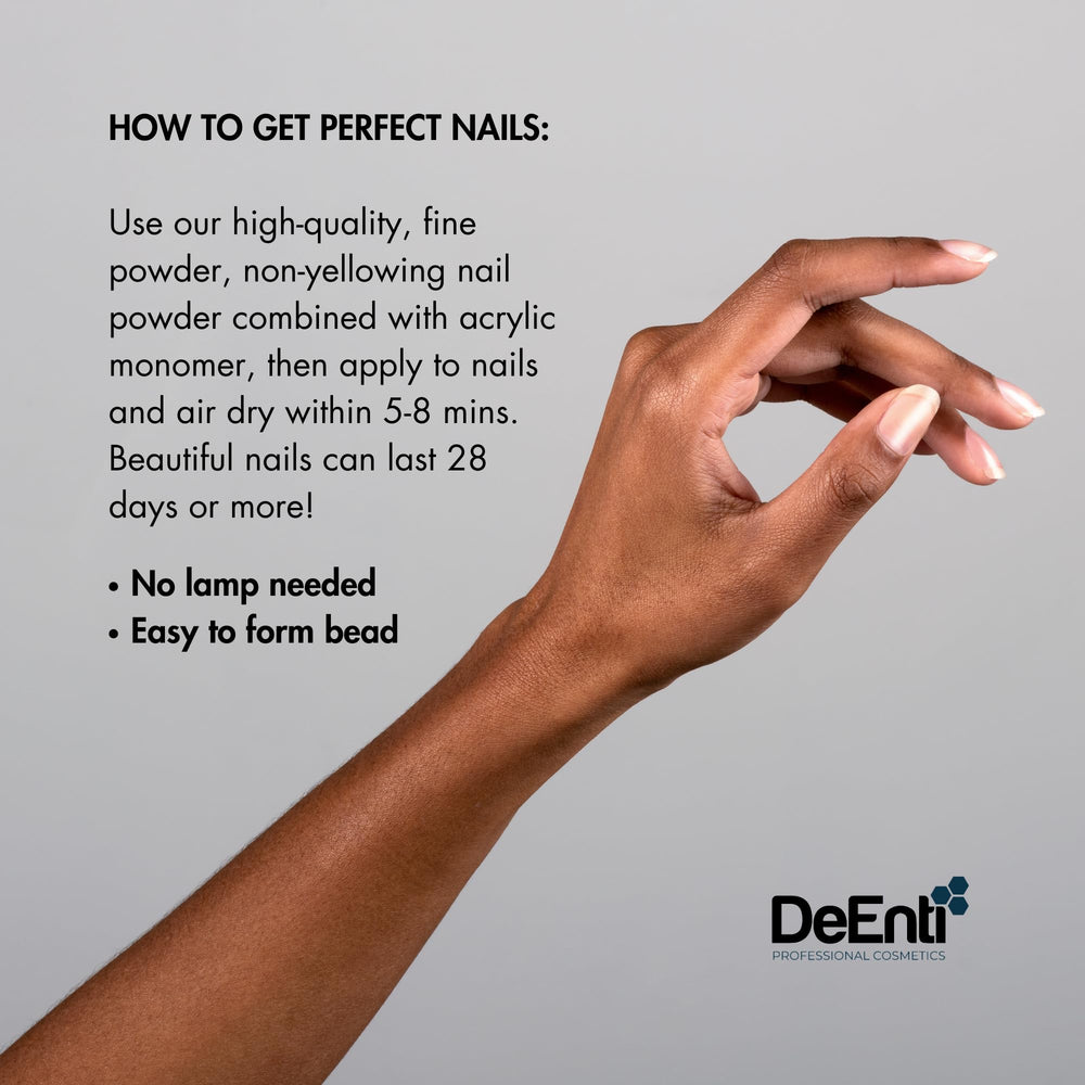 DeEnti acrylic powder swatch card demonstrates smooth, even coverage for overlays.