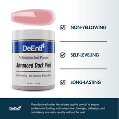 DeEnti acrylic powder application close-up with even self-leveling coverage.
