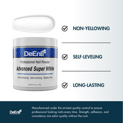 DeEnti acrylic powder bottle with swatches demonstrates strong adhesion for durable nails.