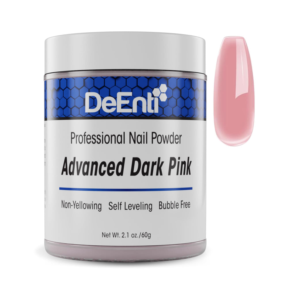 DeEnti dark pink acrylic powder bottle for flawless overlays.
