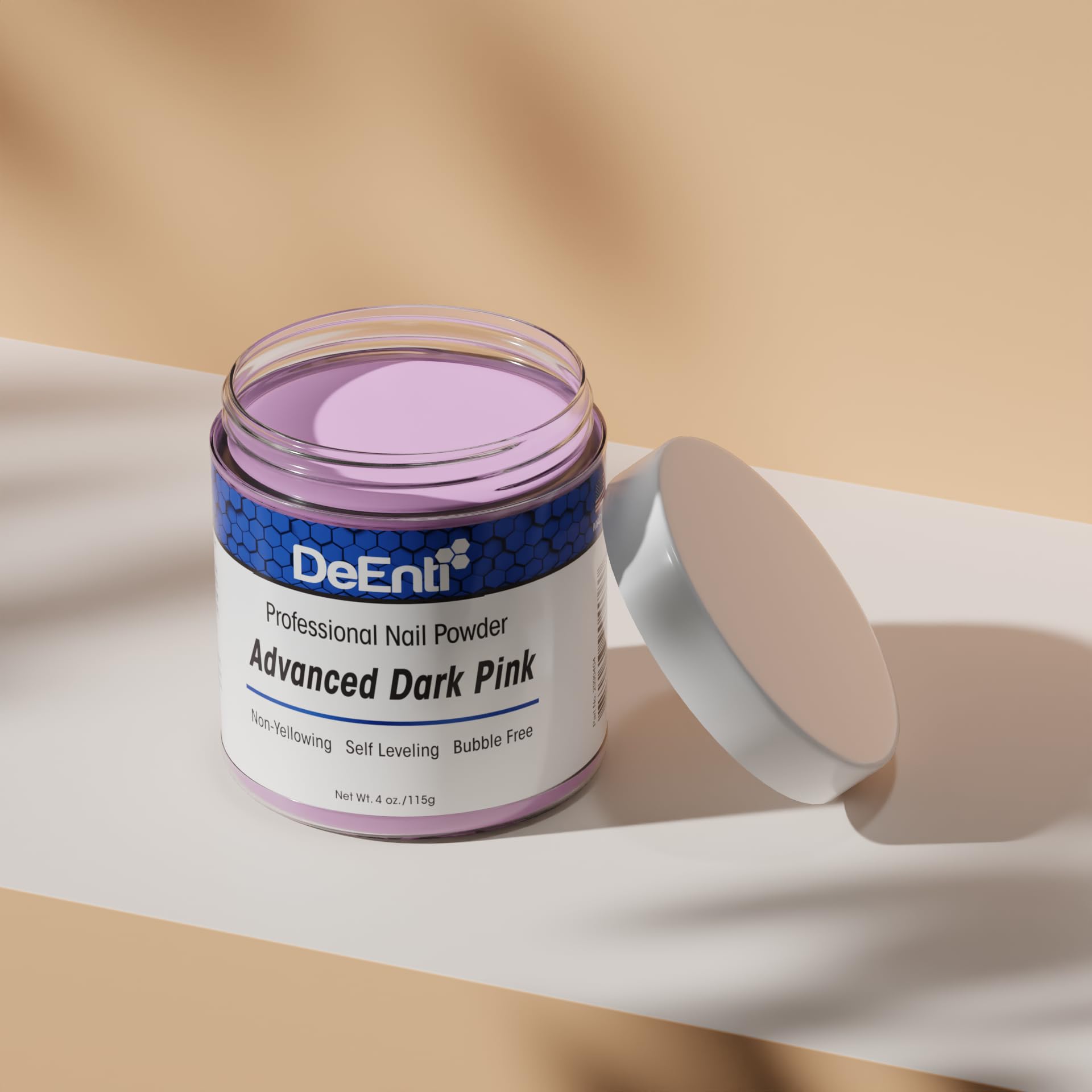 Finished DeEnti dark pink nail look with crisp, durable color