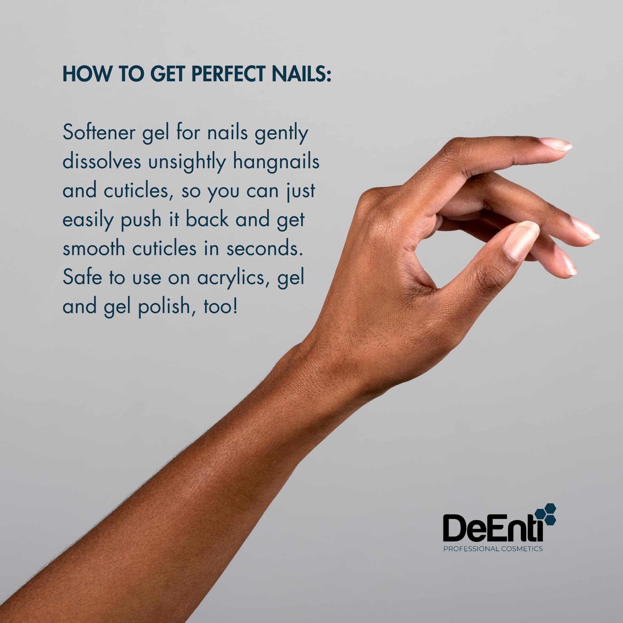 DeEnti salon scene cuticle remover illustrates professional-grade results.