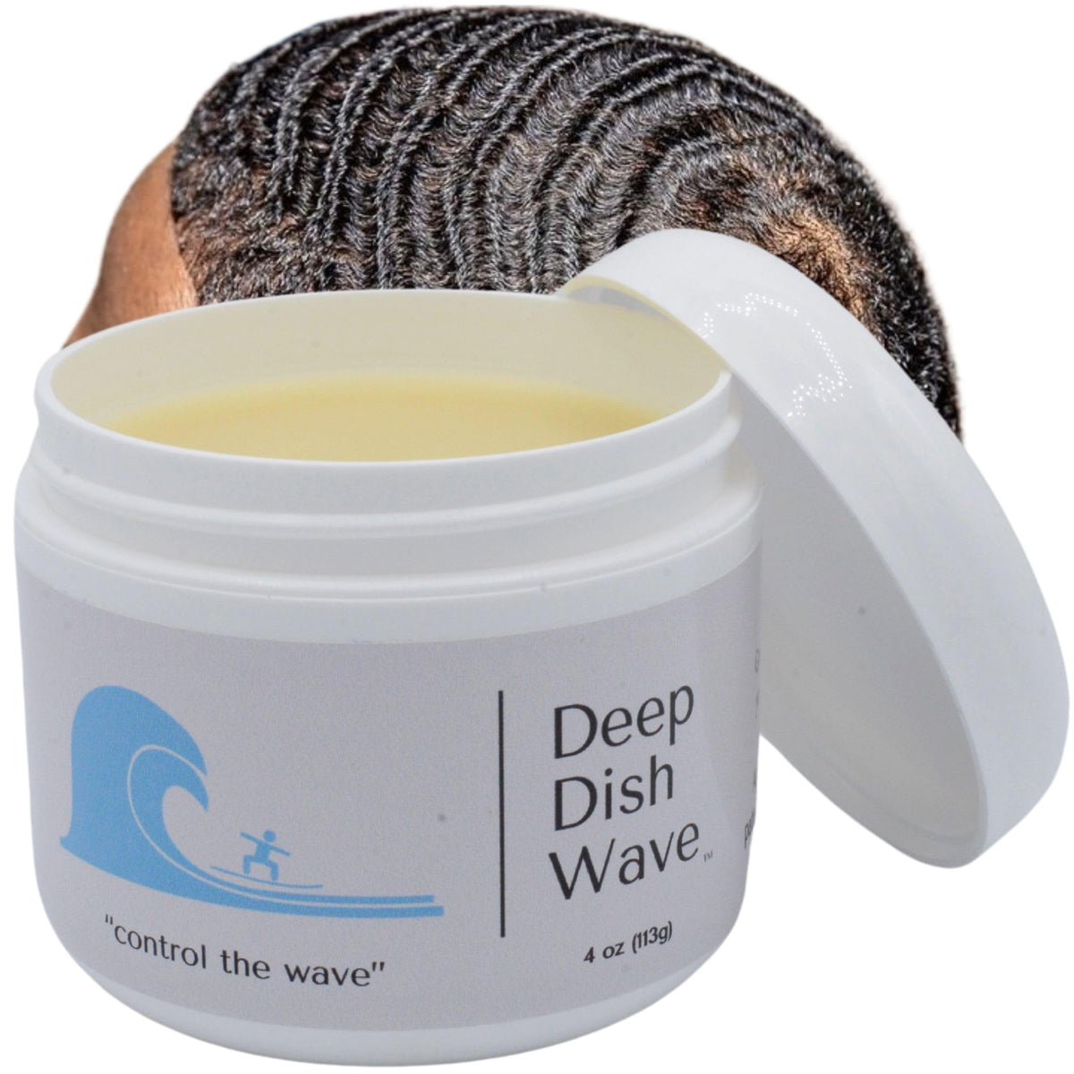 Deep Dish Wave Pomade jar close-up showing natural texture for defined 360 waves.
