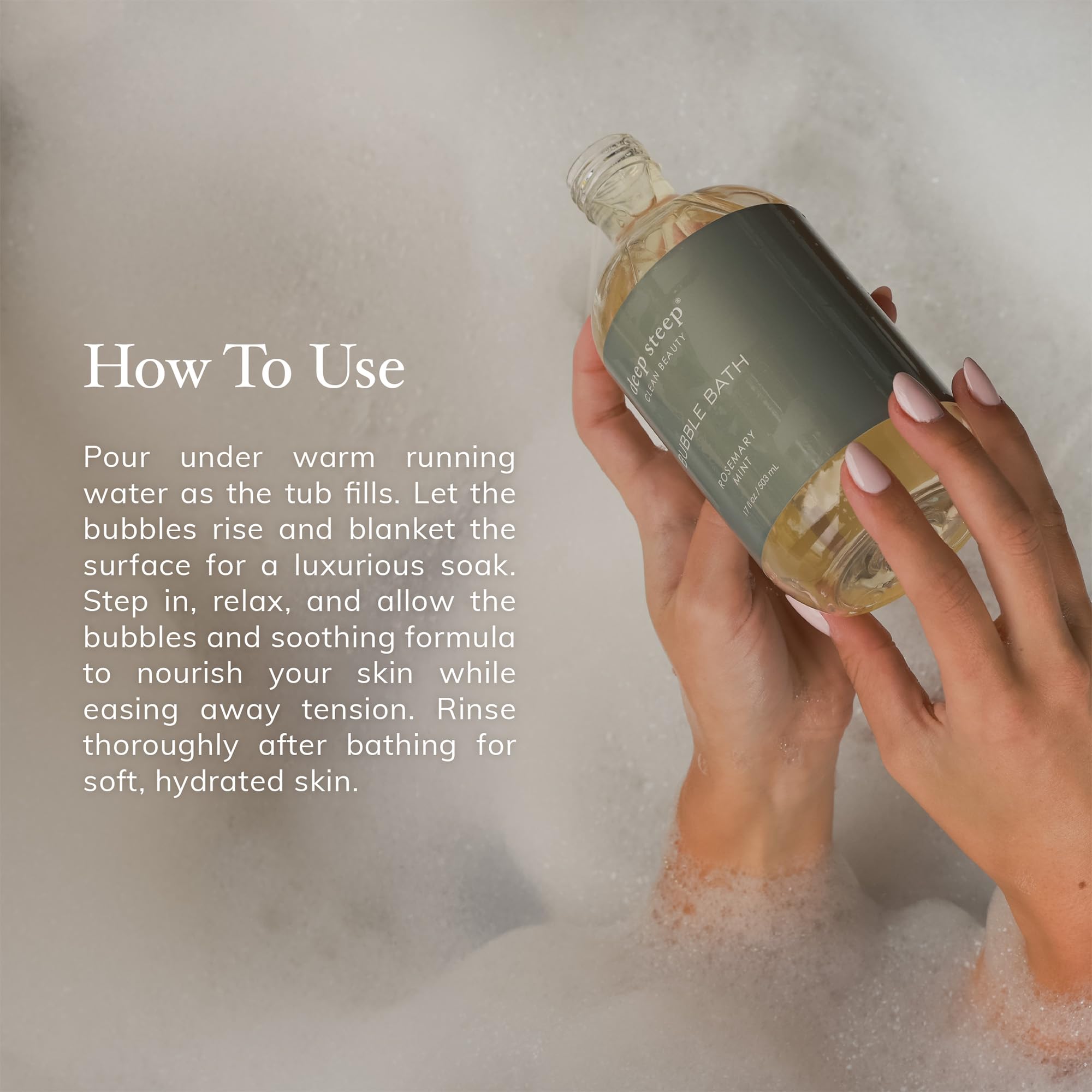 Deep Steep Bubble Bath Lavender Chamomile ingredients panel highlights nourishing oils.