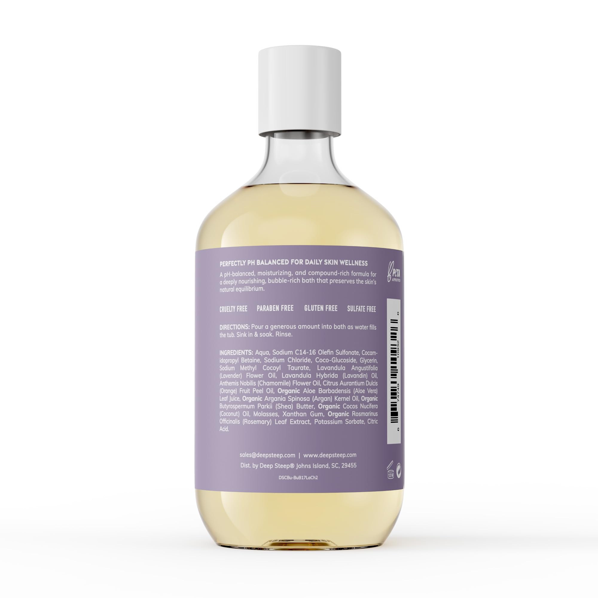 Deep Steep Bubble Bath Lavender Chamomile label close-up highlighting calming aromatherapy.