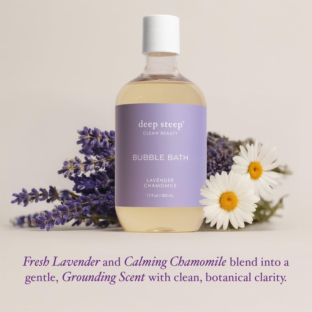 Deep Steep Bubble Bath Lavender Chamomile lather close-up with creamy bubbles.