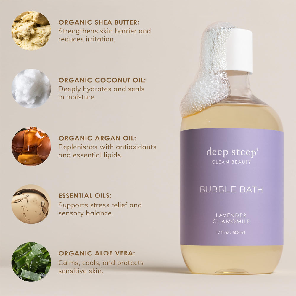 Deep Steep Bubble Bath Lavender Chamomile packaging on shelf.