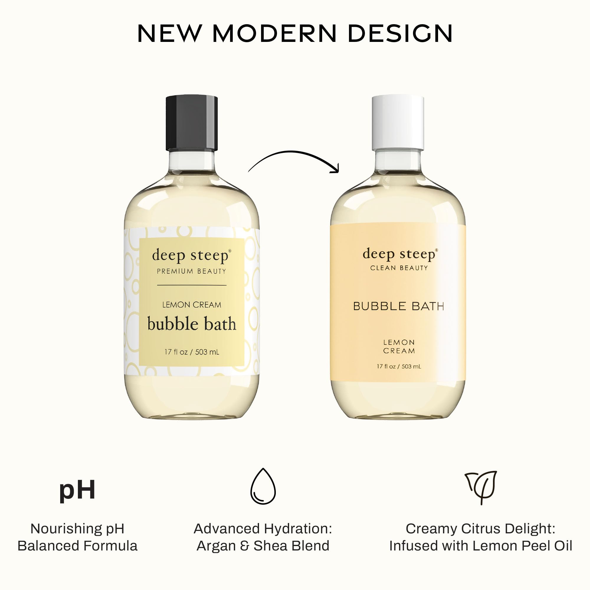 Deep Steep Bubble Bath Lemon Cream foam creates rich bubbles for a spa-like experience.
