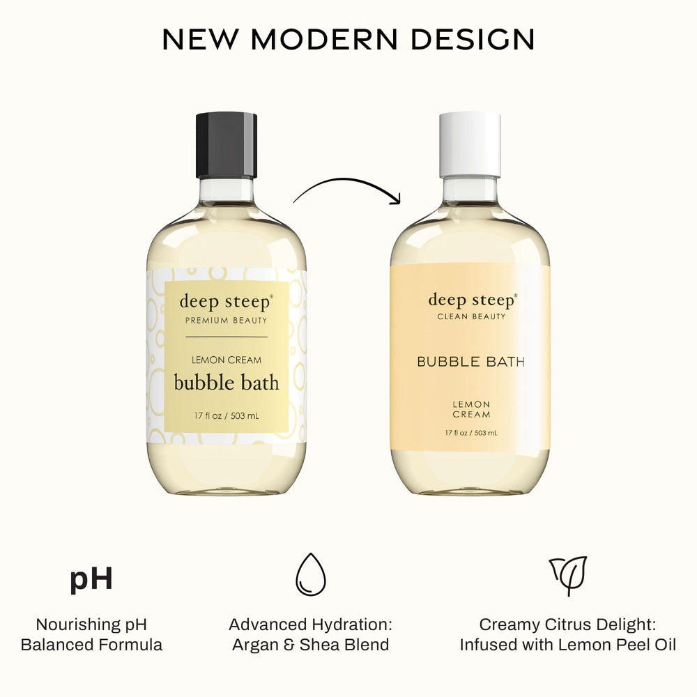 Deep Steep Bubble Bath Lemon Cream foam creates rich bubbles for a spa-like experience.