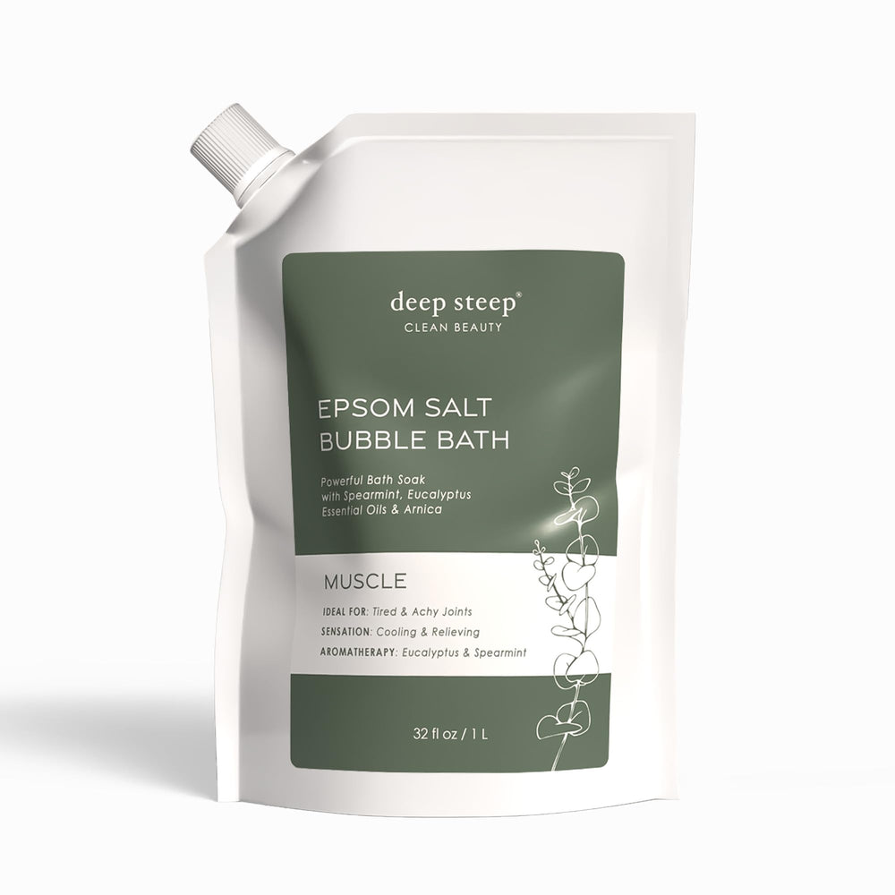 Deep Steep Epsom Salt Bubble Bath 32oz jar with soothing bubbles for muscle comfort.