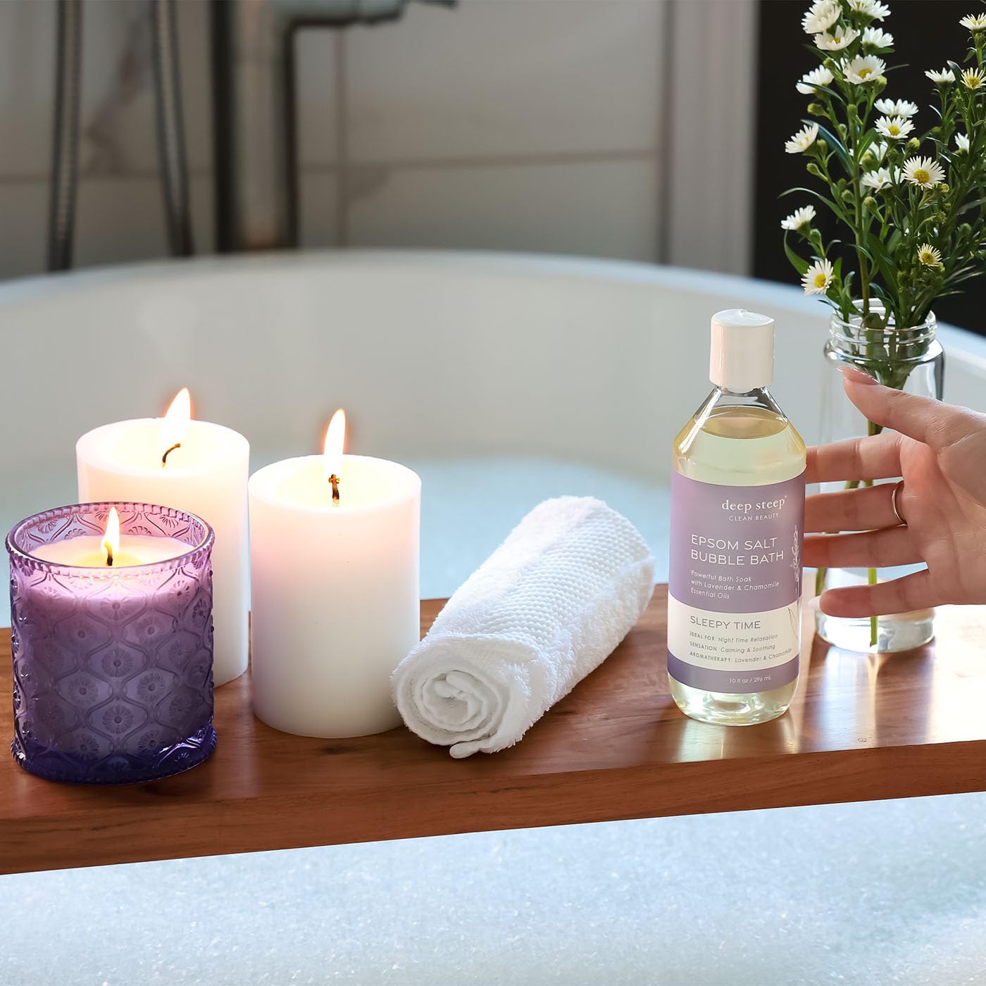 Relaxation scene with Deep Steep Sleepy Time bubble bath in a serene bathroom