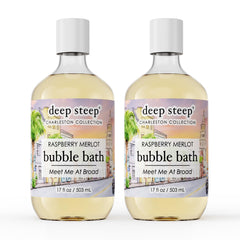 Deep Steep Raspberry Merlot bubble bath bottle promotes moisturizing, soothing skin with shea and argan oils.