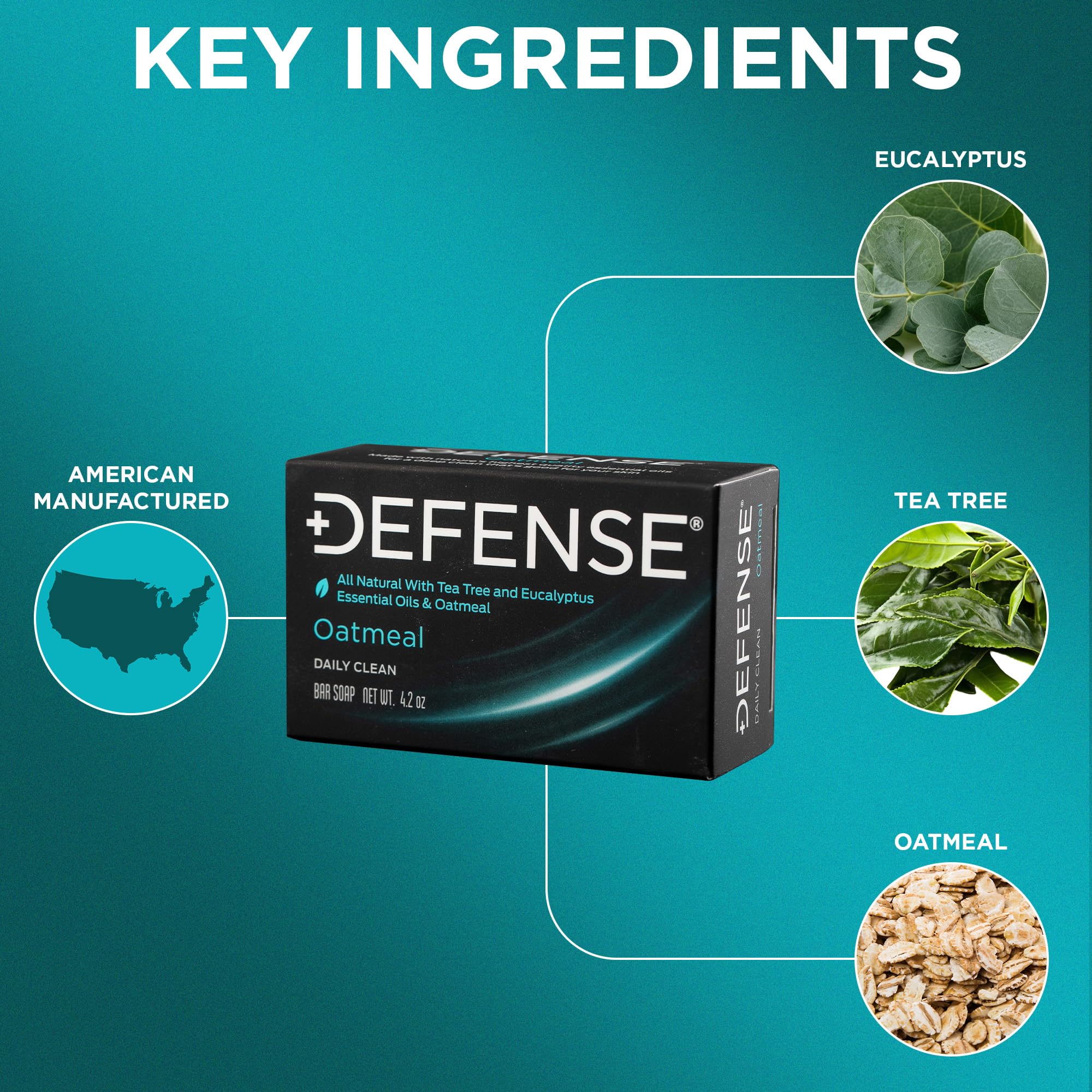 Defense Soap oatmeal bar soap packaging with tea tree and eucalyptus oils for refreshed skin.