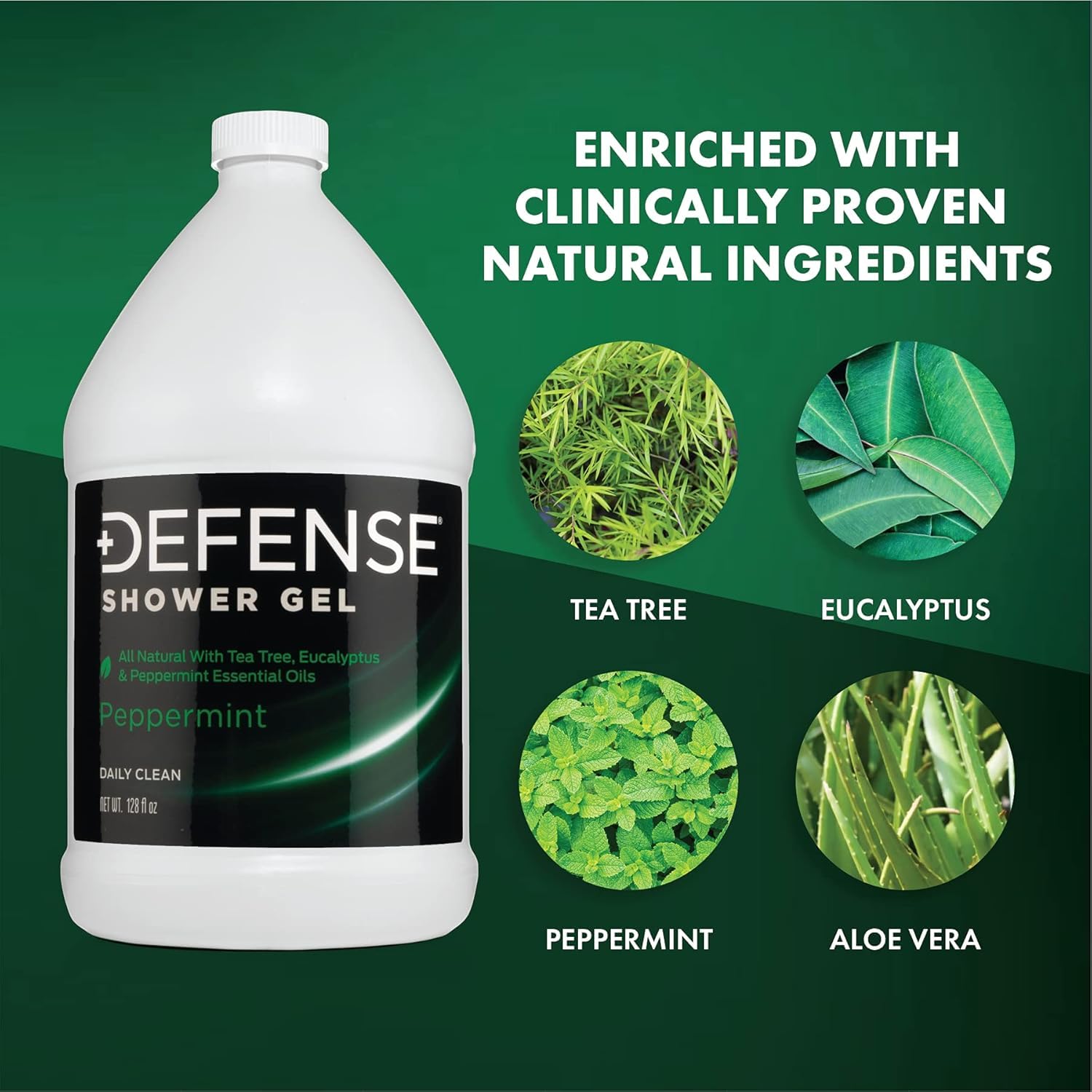 Defense Soap Peppermint Body Wash pour highlights smooth cleansing with natural oils.