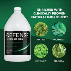 Defense Soap Peppermint Body Wash pour highlights smooth cleansing with natural oils.