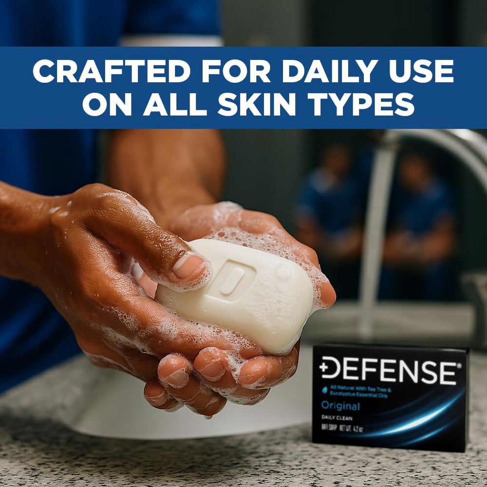 Defense Soap Tea Tree Bar Foamy Lather close-up illustrating rich cleansing foam.