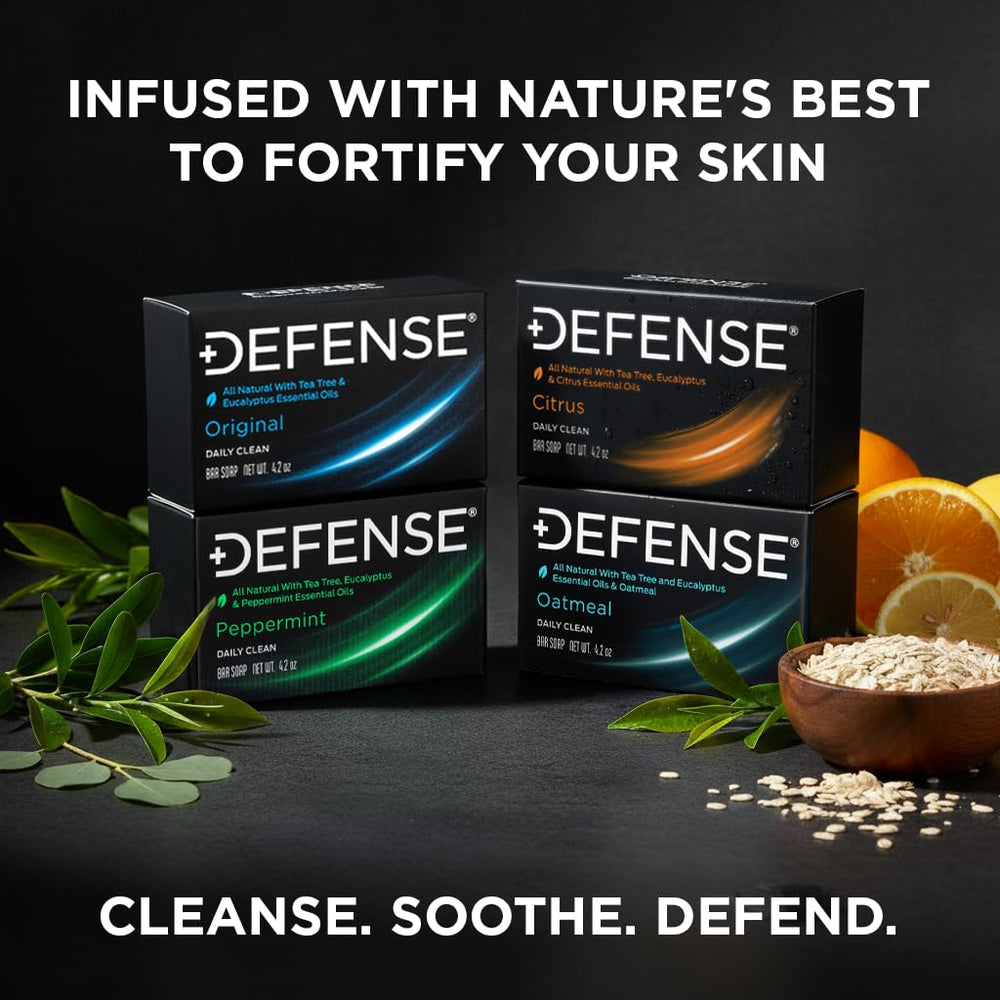 Defense Tea Tree Bar Oatmeal close-up with natural exfoliation for smoother skin.
