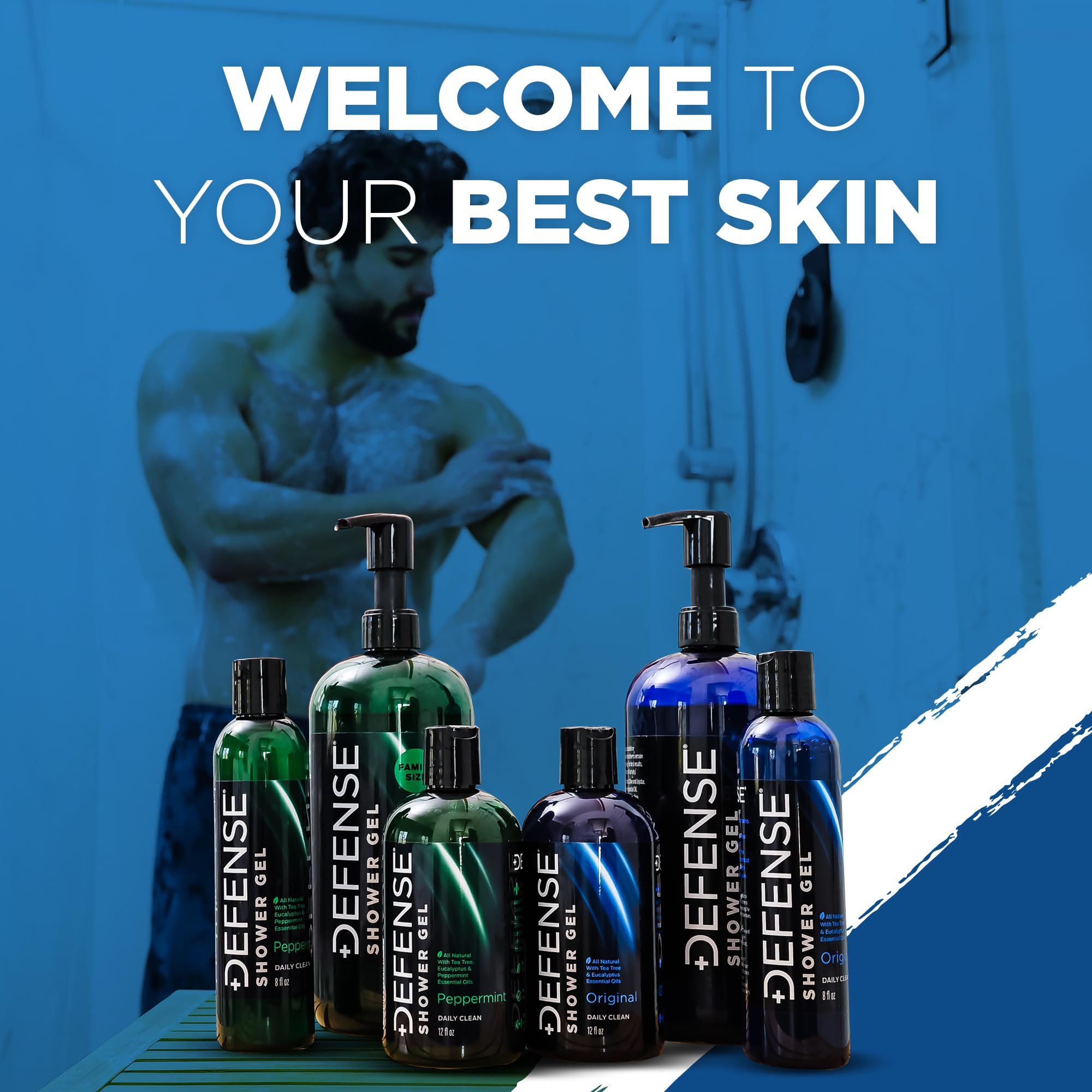 Family-size pack of Defense Soap Tea Tree Body Wash in a shower-ready arrangement.