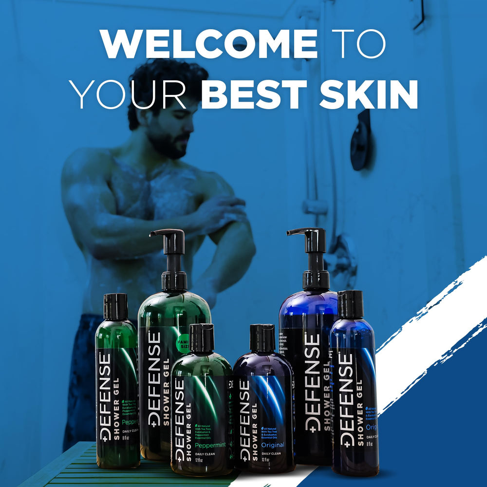 Family-size pack of Defense Soap Tea Tree Body Wash in a shower-ready arrangement.