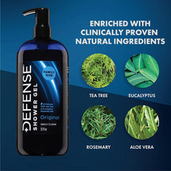 Close-up of label on Defense Soap Tea Tree Body Wash showing natural ingredients.