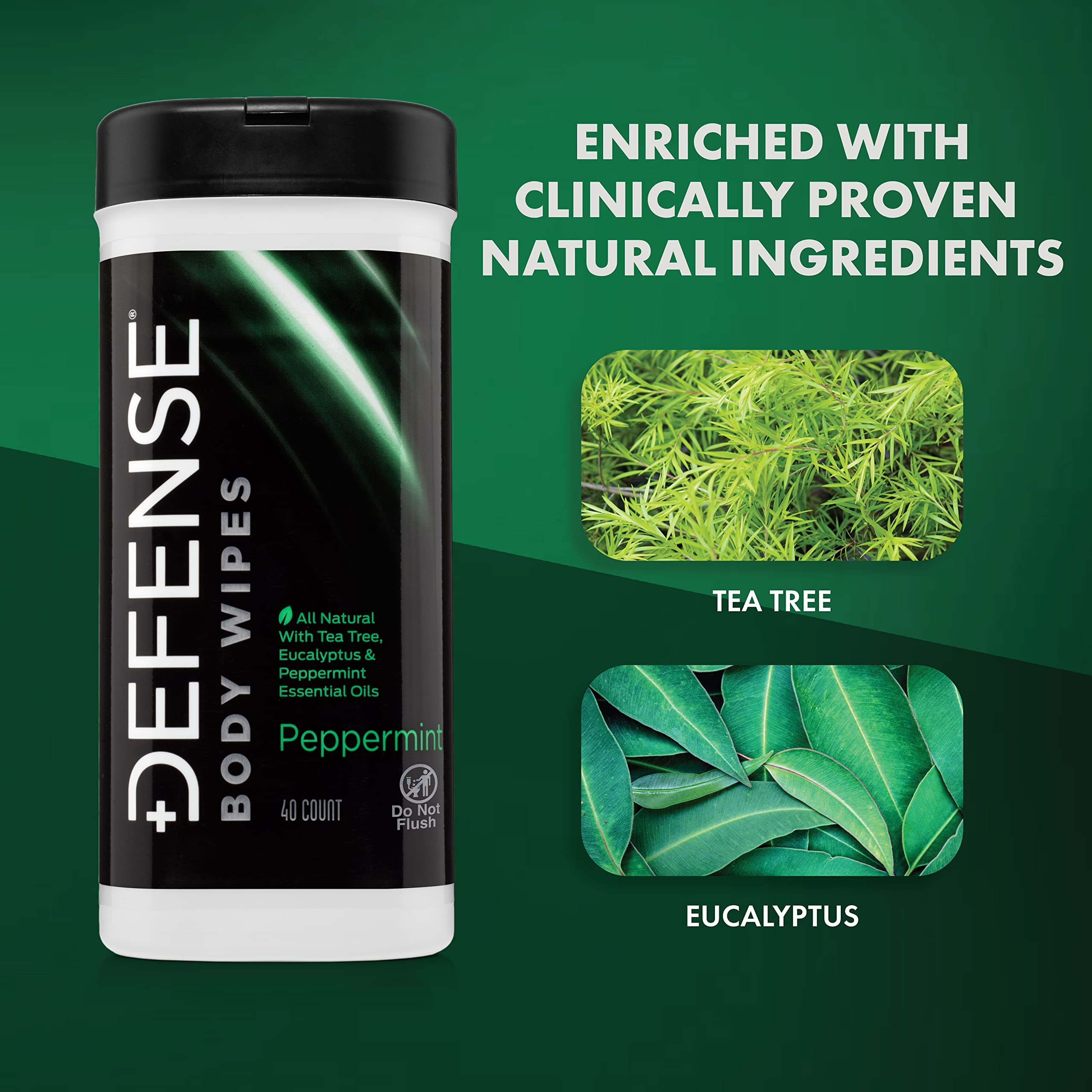 Defense Soap tea tree oil bottle drops highlight natural cleansing ingredients.