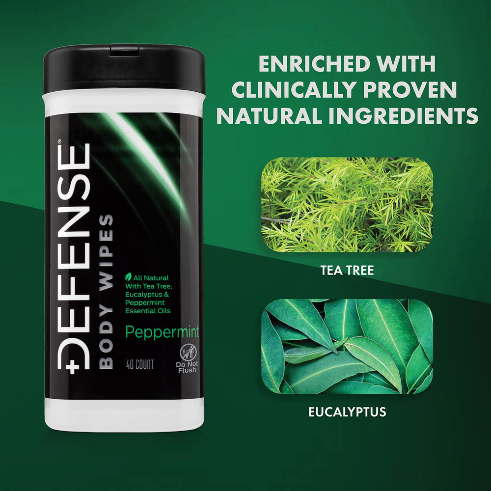 Defense Soap tea tree oil bottle drops highlight natural cleansing ingredients.