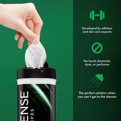Defense Soap wipes on hand close-up for quick dirt and grime removal.