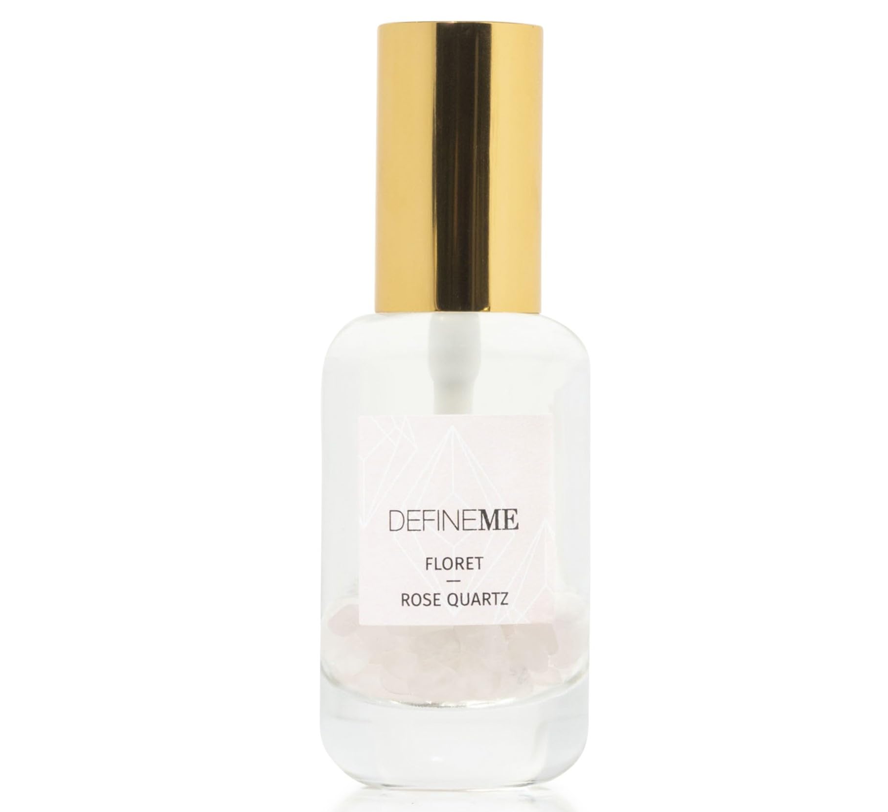 DefineMe Floret Rose Quartz perfume bottle close-up with crystals for everyday wear