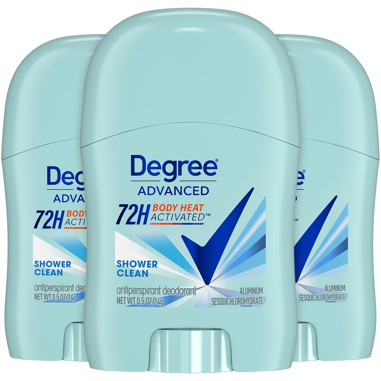 Degree Shower Clean 3-pack packshot shows compact deodorant for on-the-go freshness.