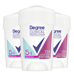Degree Clinical Protection 5-in-1 3-pack display for daily confidence.
