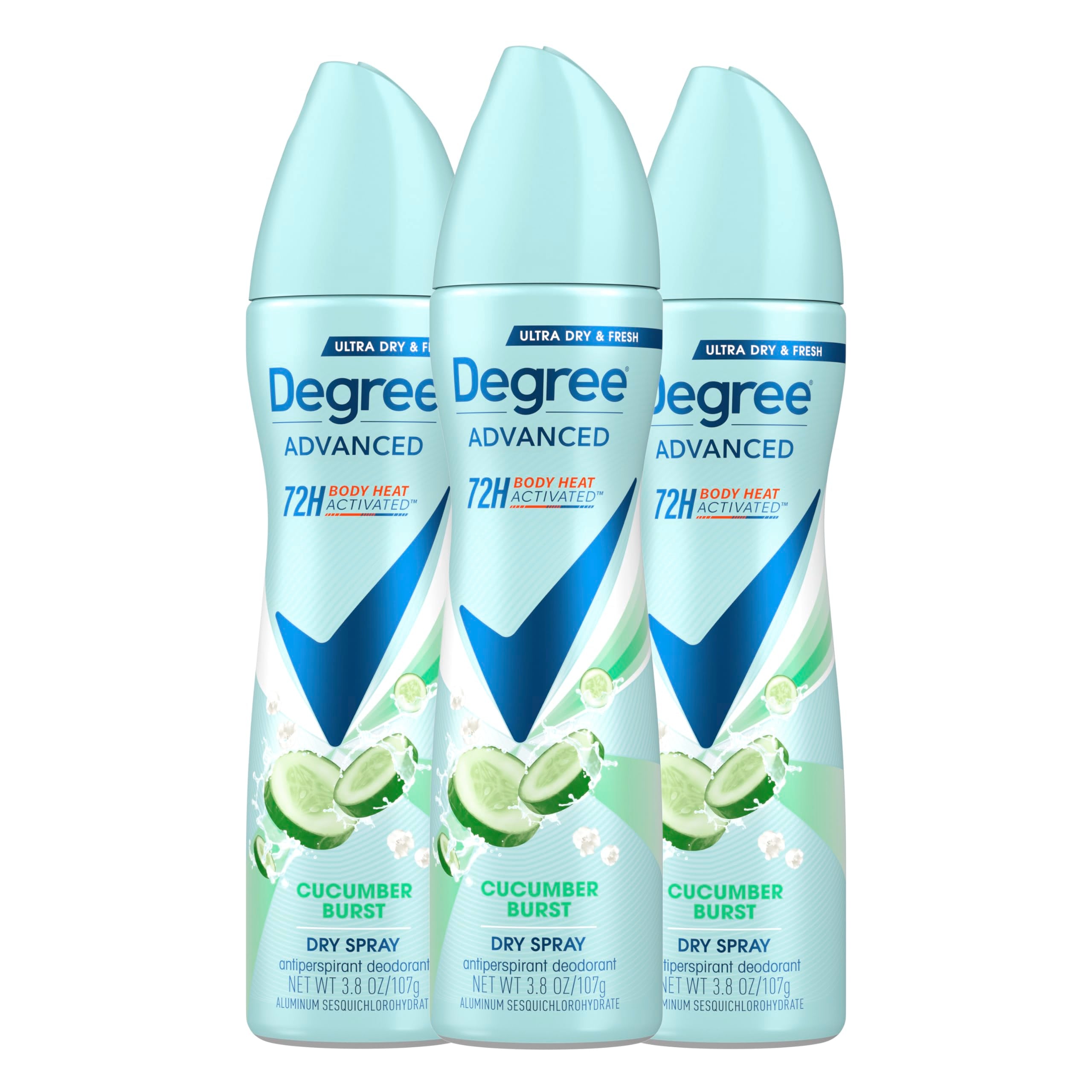 Degree Cucumber Burst can close-up showing refreshing scent and dry spray action