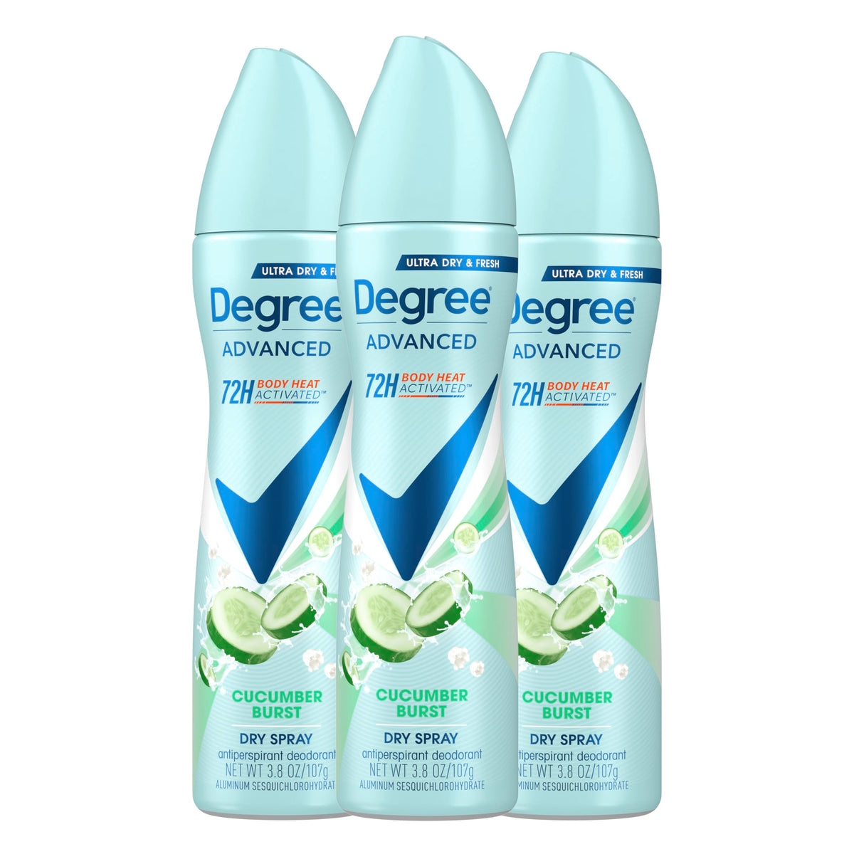 Degree Cucumber Burst can close-up showing refreshing scent and dry spray action